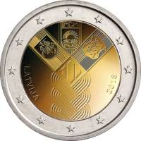 (008) Монета Латвия 2018 год 2 евро "100 лет независимости Прибалтики"  Биметалл  Буклет